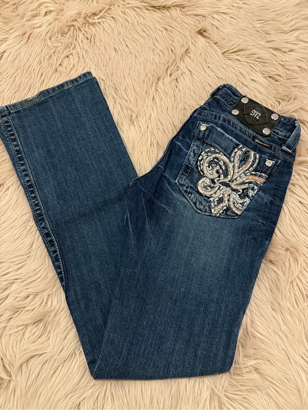 Miss Me Heavy Rhinestone Fleur De Lis Bootcut Jeans Size 28